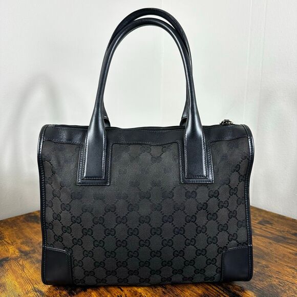 Gucci GG Monogram Black Canvas Top Carry Satchel Bag - Picture 1 of 16